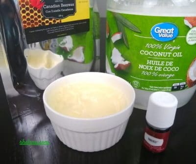 Ingredients needed including beeswax, coconut oil and an optional essential oil.