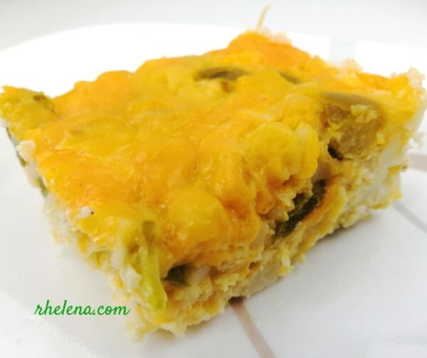 Breakfast casserole with hash browns, eggs and cheddar cheese.