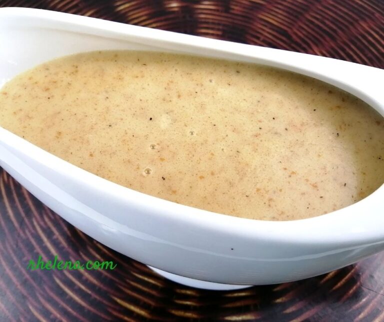 Beef gravy in a gravy dish.