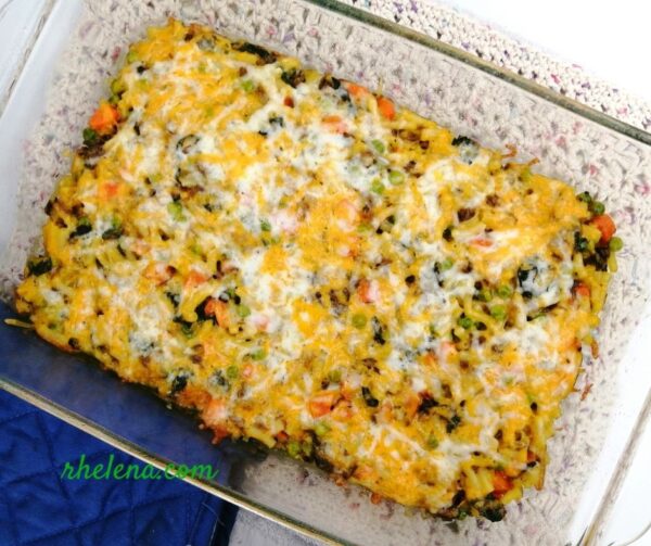 Kraft Dinner and roast beef casserole.